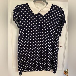 ANTHROPOLOGIE Fervour Navy Blue Polka Dot Shirt Large NWT